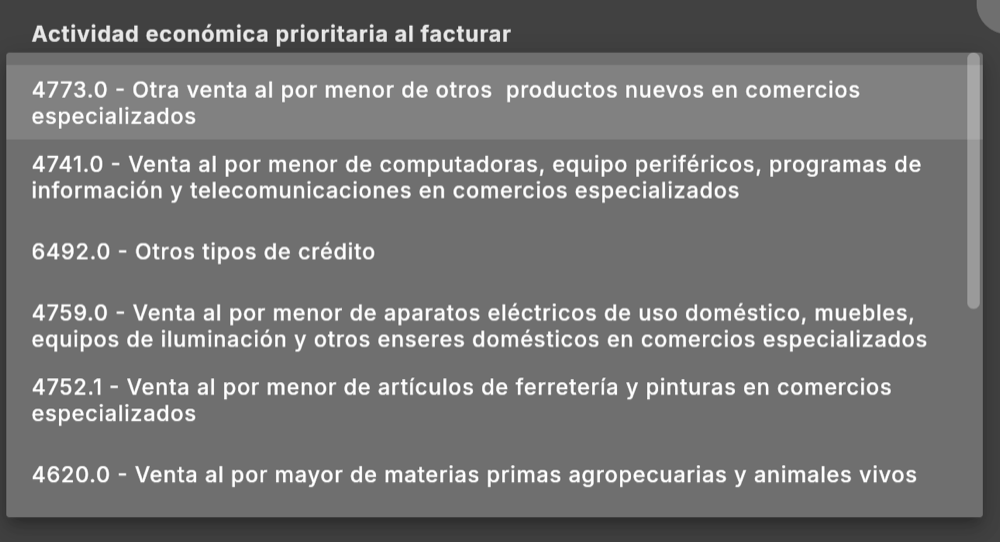 Elige la actividad económica prioritaria al facturar (tema oscuro)