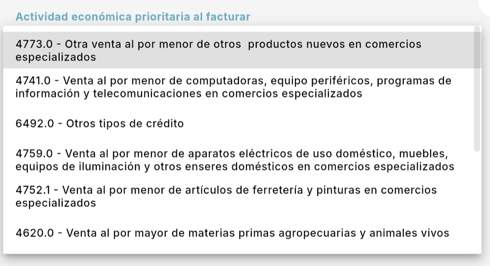 Elige la actividad económica prioritaria al facturar