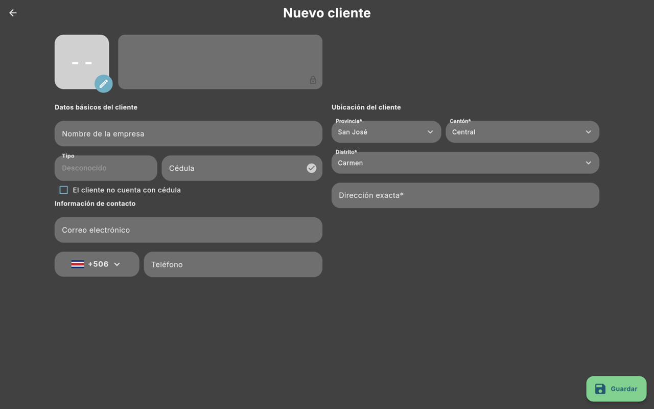 Formulario Nuevo cliente - Escritorio (tema oscuro)