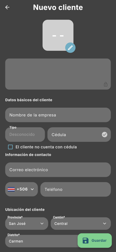 Formulario Nuevo cliente - Móvil (tema oscuro)