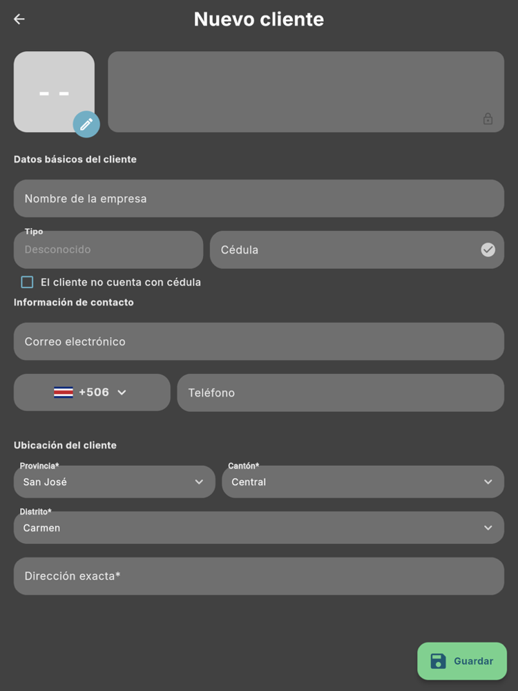 Formulario Nuevo cliente - Tablet (tema oscuro)
