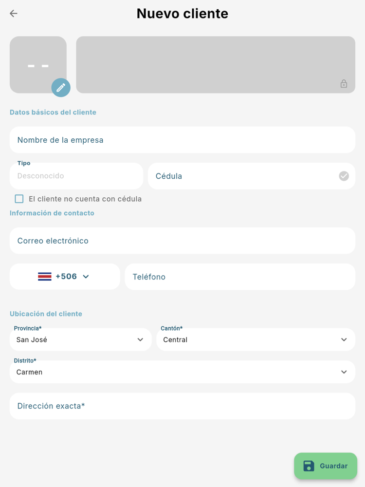 Formulario Nuevo cliente - Tablet