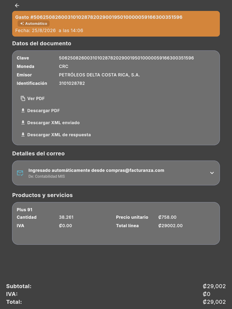 Detalle de una compra - Tablet (tema oscuro)