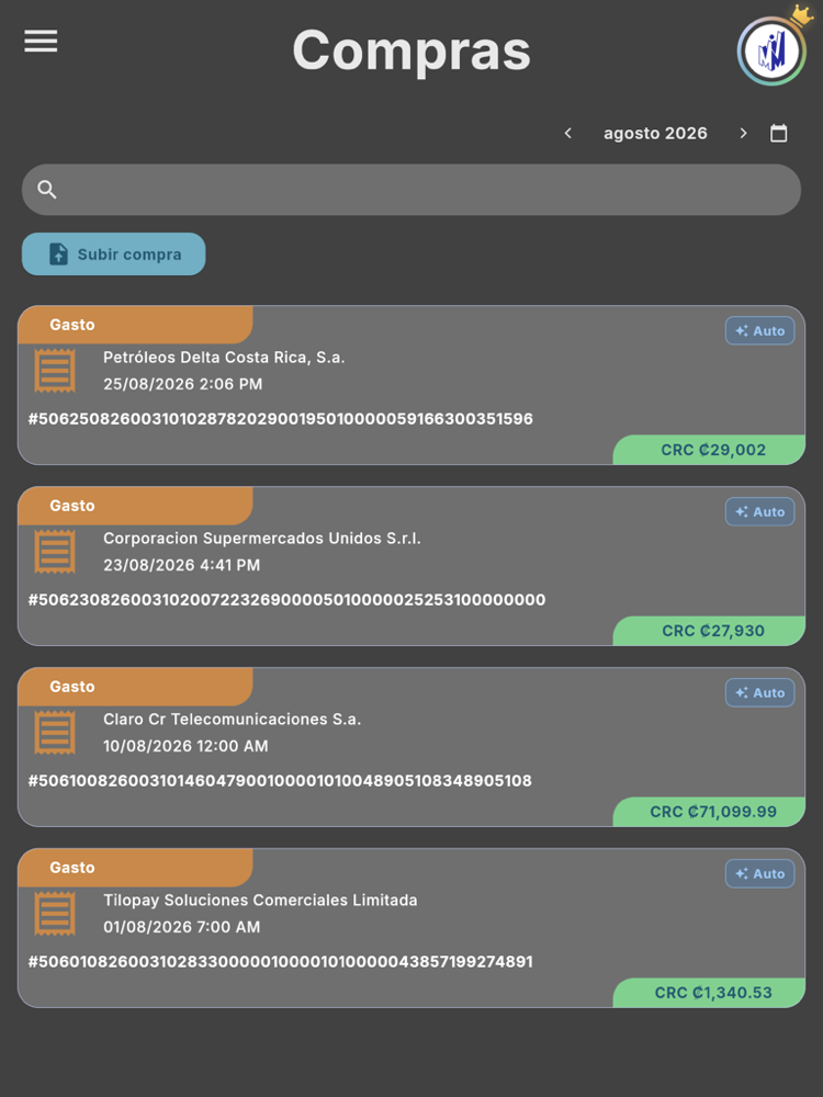 Compras (agosto 2026) - Tablet (tema oscuro)