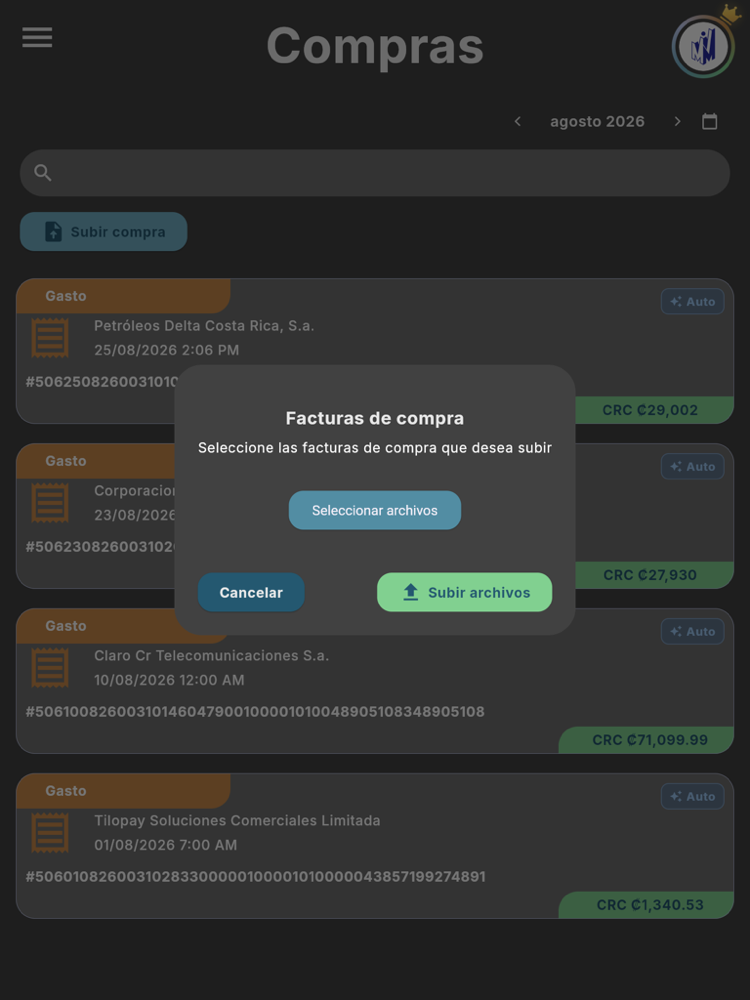 Diálogo Facturas de compra - Tablet (tema oscuro)