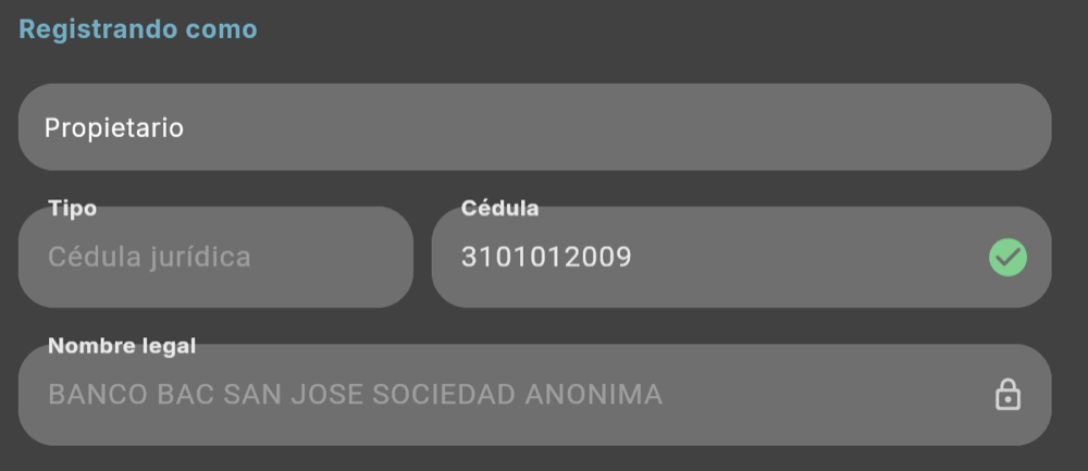 Cédula: nombre legal y actividad principal (tema oscuro)
