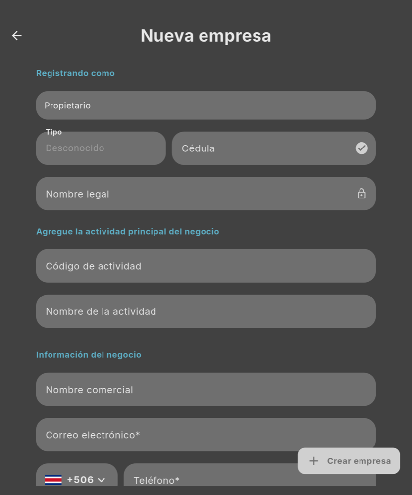 Formulario Nueva empresa - Tablet (tema oscuro)