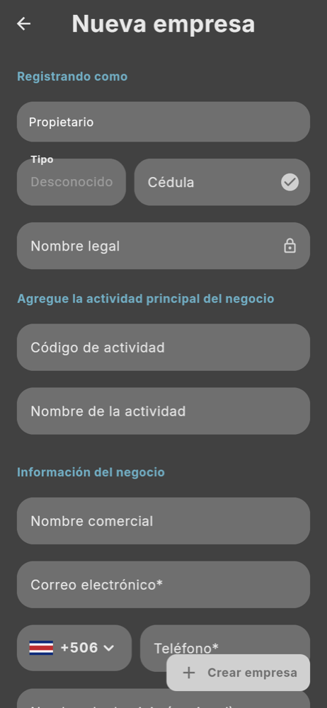 Formulario Nueva empresa - Móvil (tema oscuro)