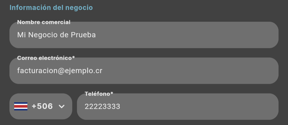 Nombre comercial, correo y teléfono (tema oscuro)