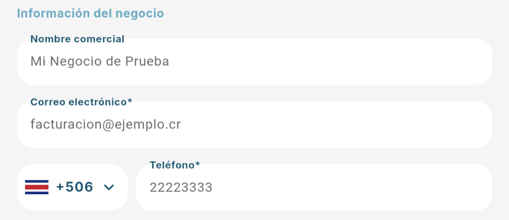 Nombre comercial, correo y teléfono