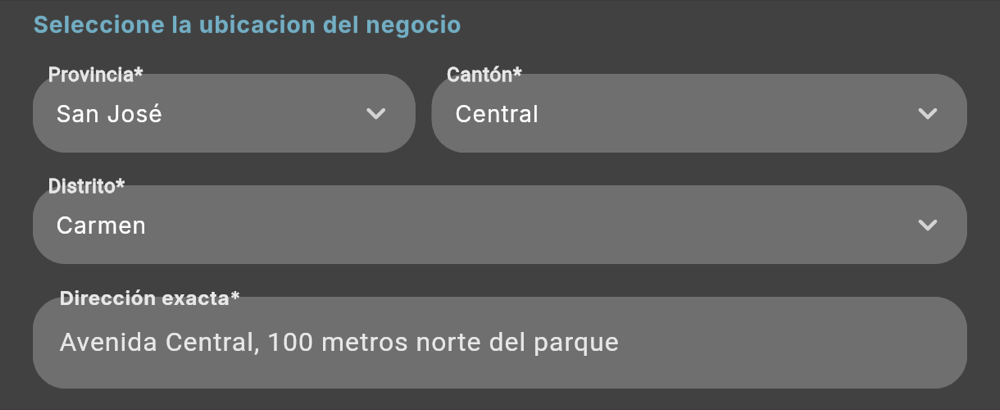 Ubicación del negocio (tema oscuro)