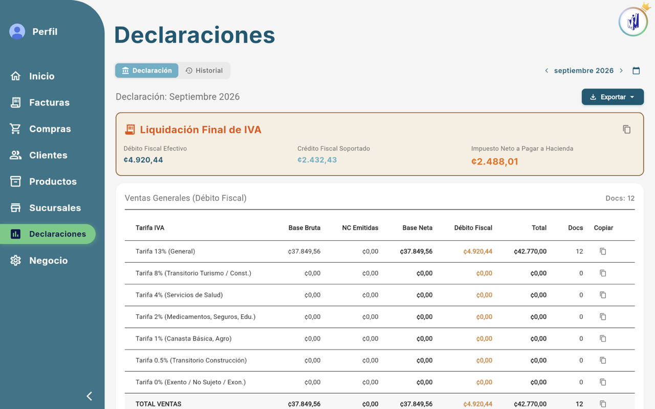 Pestaña Declaración - Escritorio