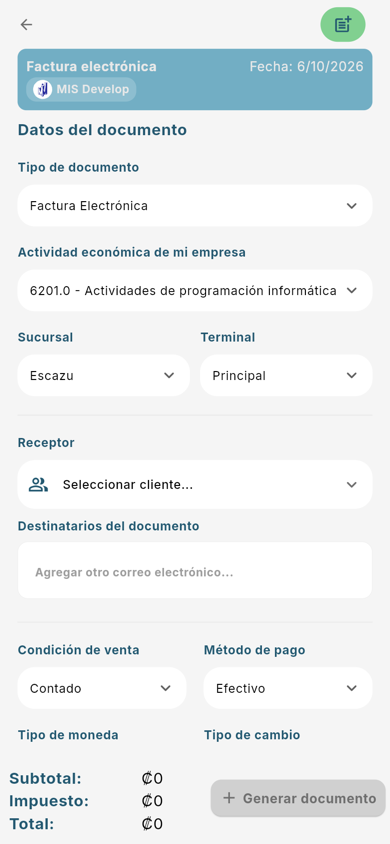 Formulario Crear factura - Móvil