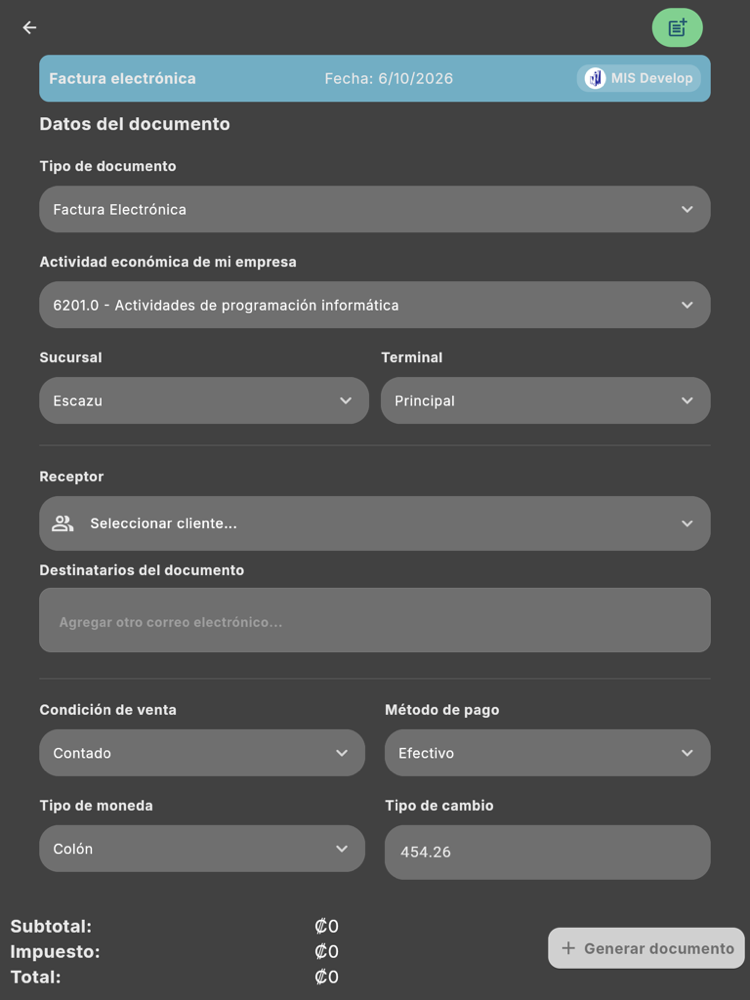 Formulario Crear factura - Tablet (tema oscuro)