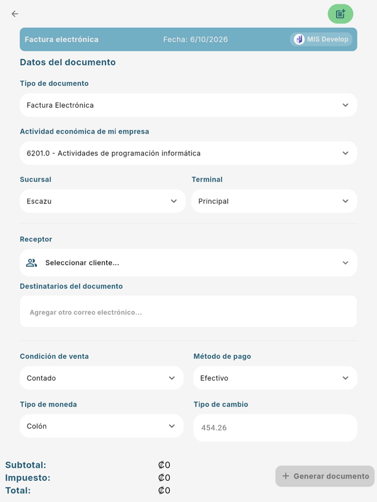 Formulario Crear factura - Tablet