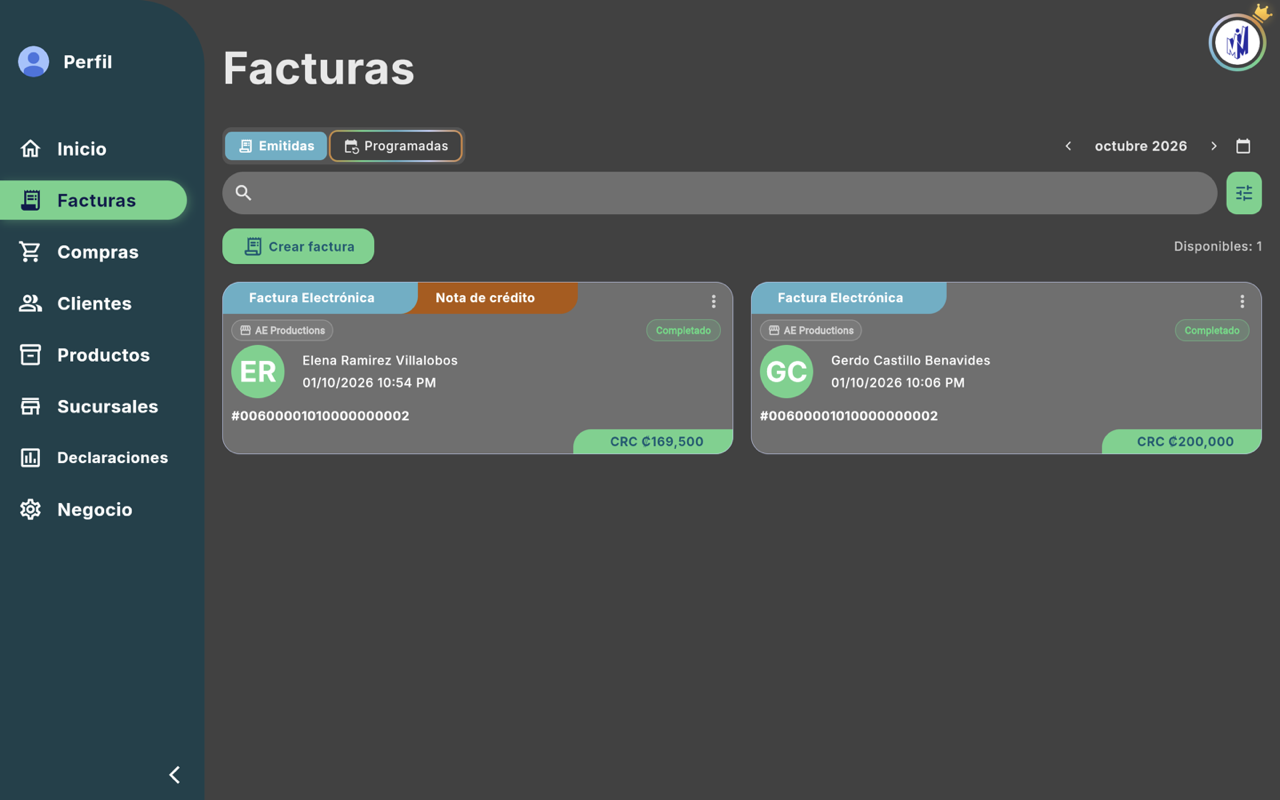 Lista de facturas - Escritorio (tema oscuro)
