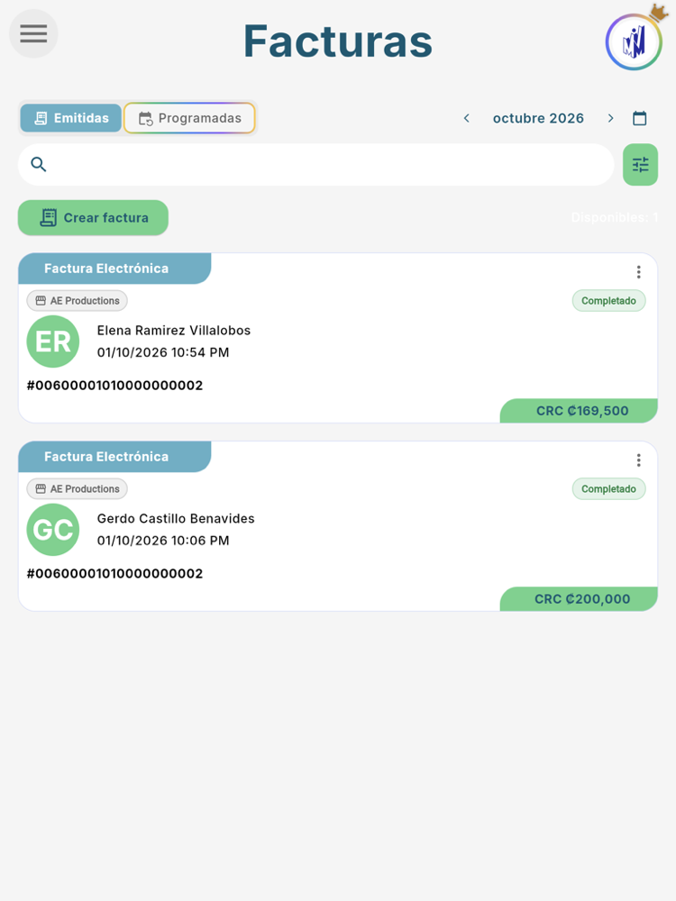 Lista de facturas - Tablet