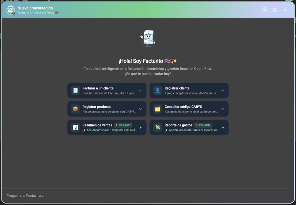 Chat de Facturito: opciones de inicio (tema oscuro)