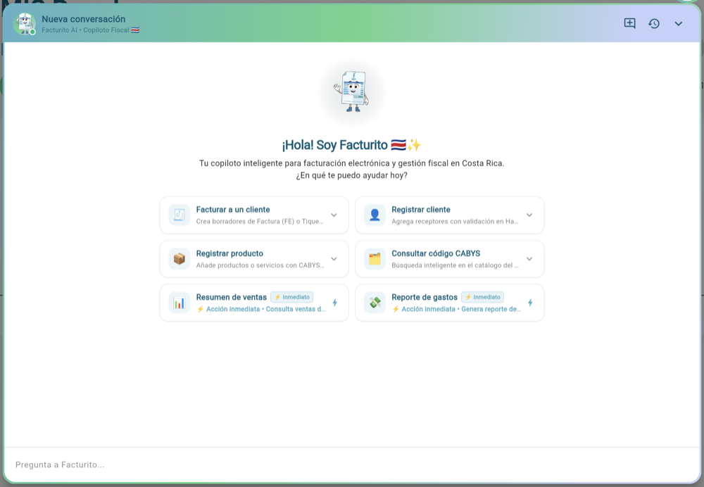 Chat de Facturito: opciones de inicio