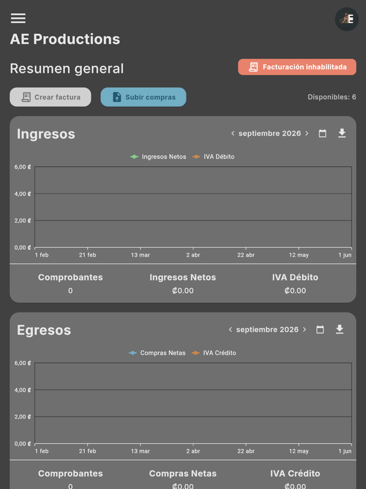 Sin credenciales, Inicio muestra Facturación inhabilitada - Tablet (tema oscuro)