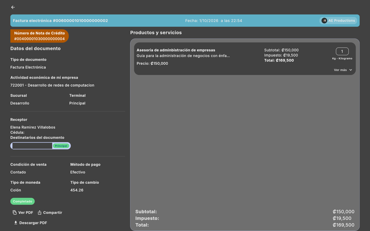 La nota de crédito queda enlazada a la factura original - Escritorio (tema oscuro)