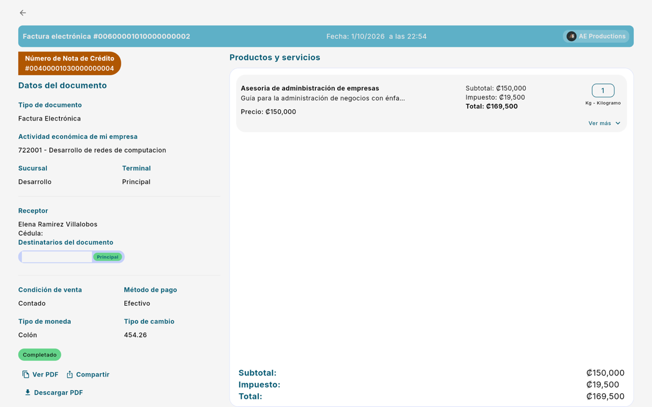 La nota de crédito queda enlazada a la factura original - Escritorio
