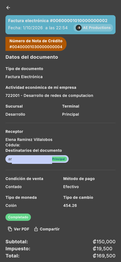 La nota de crédito queda enlazada a la factura original - Móvil (tema oscuro)