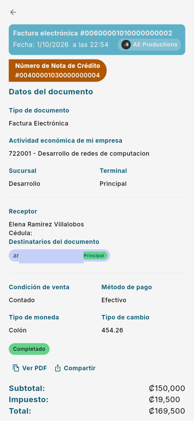 La nota de crédito queda enlazada a la factura original - Móvil