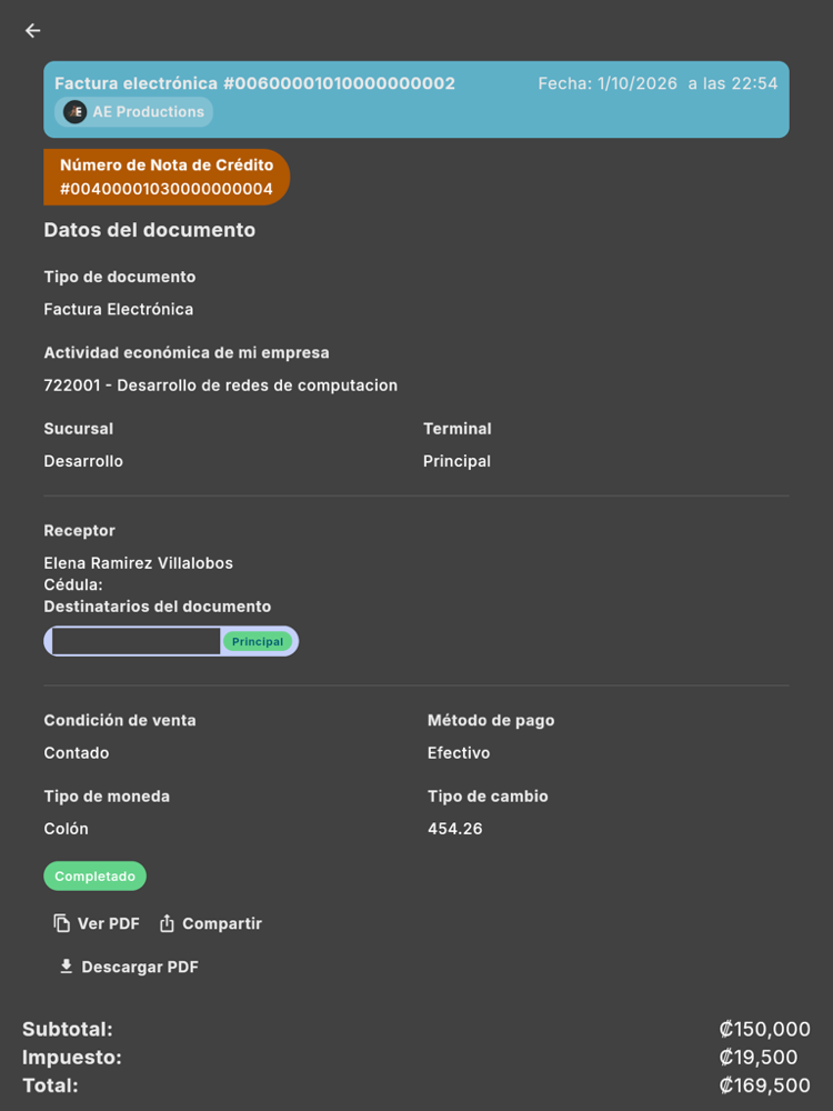 La nota de crédito queda enlazada a la factura original - Tablet (tema oscuro)