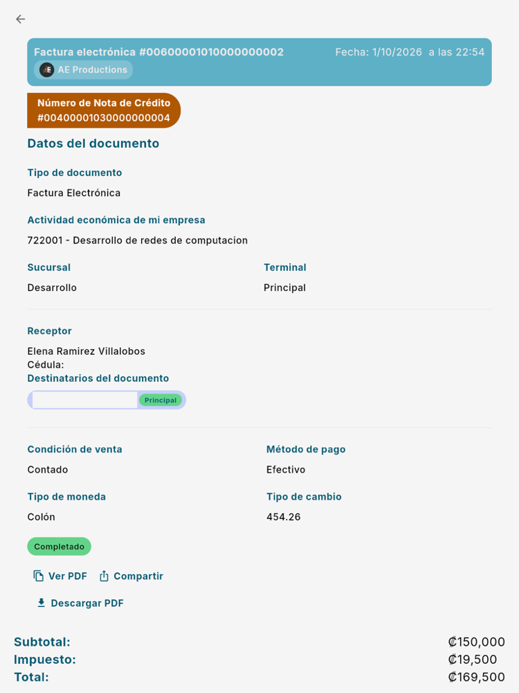 La nota de crédito queda enlazada a la factura original - Tablet