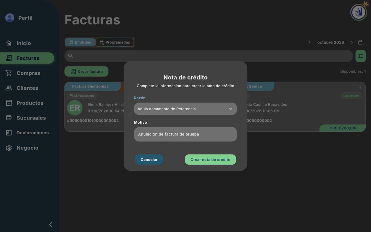 Diálogo Nota de crédito: Razón y Motivo - Escritorio (tema oscuro)