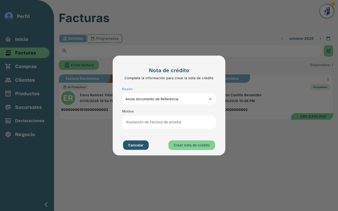 Diálogo Nota de crédito: Razón y Motivo - Escritorio