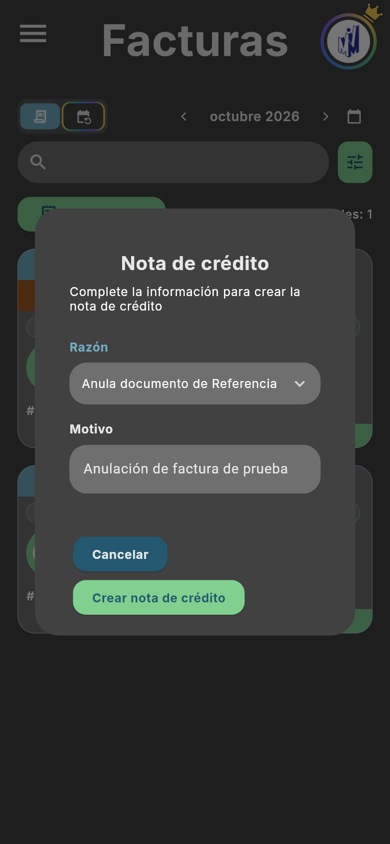 Diálogo Nota de crédito: Razón y Motivo - Móvil (tema oscuro)