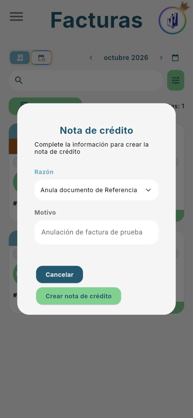 Diálogo Nota de crédito: Razón y Motivo - Móvil