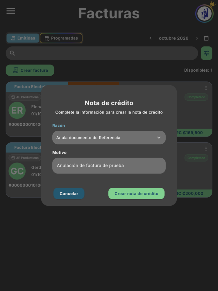 Diálogo Nota de crédito: Razón y Motivo - Tablet (tema oscuro)