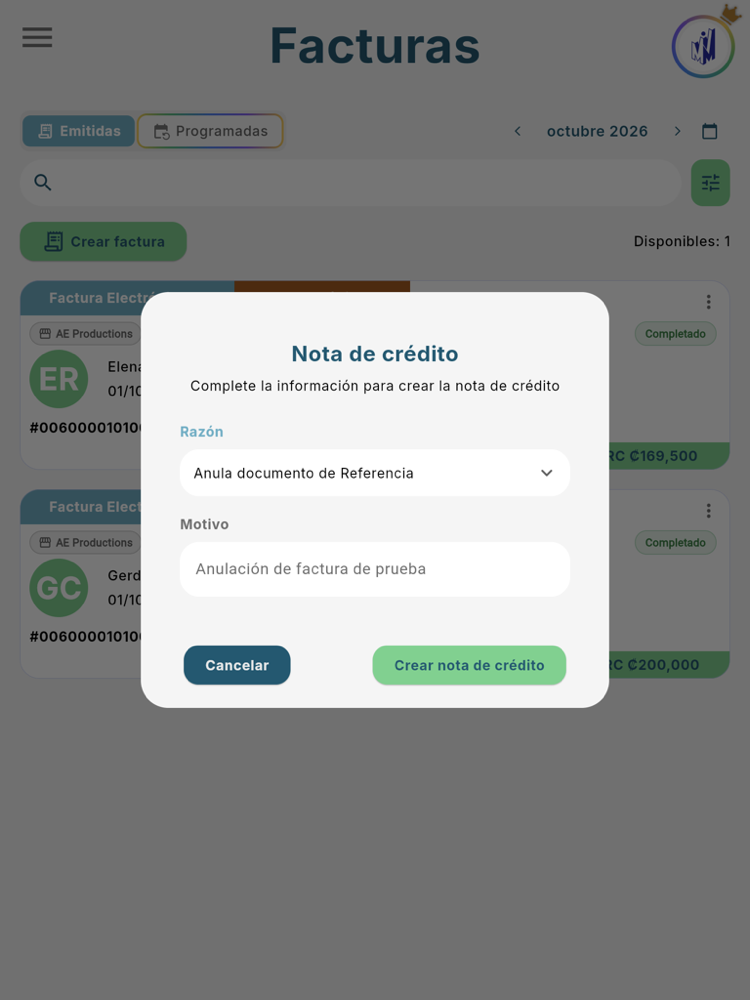 Diálogo Nota de crédito: Razón y Motivo - Tablet