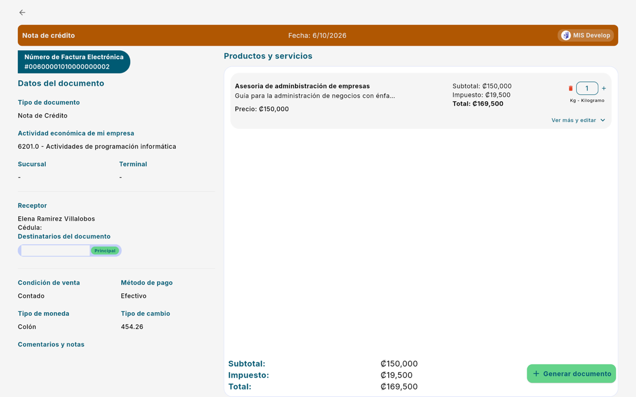 Formulario de la nota de crédito - Escritorio