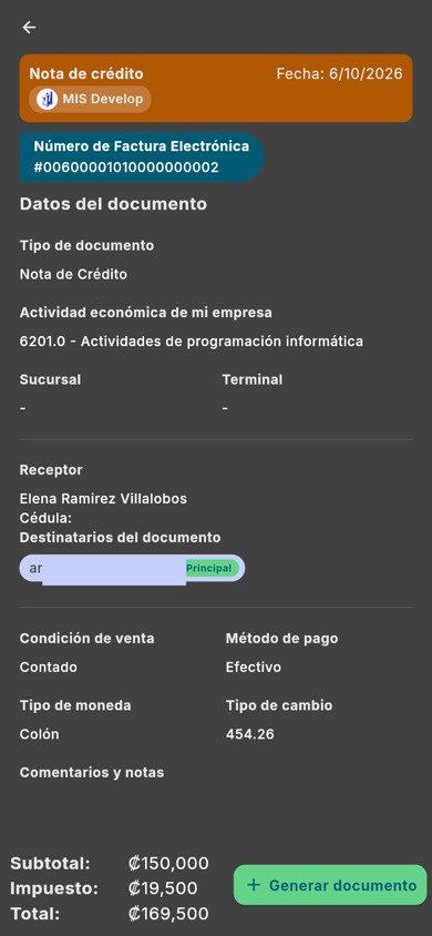 Formulario de la nota de crédito - Móvil (tema oscuro)
