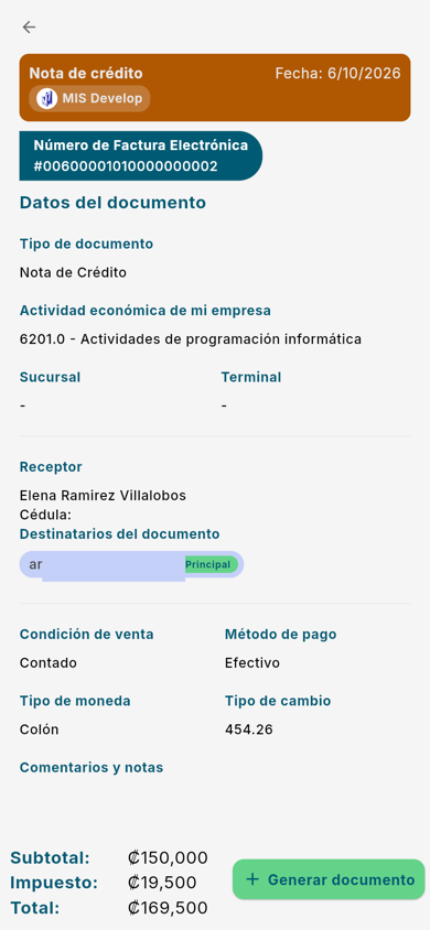 Formulario de la nota de crédito - Móvil