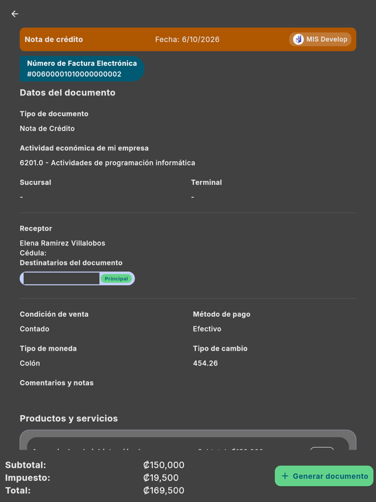 Formulario de la nota de crédito - Tablet (tema oscuro)