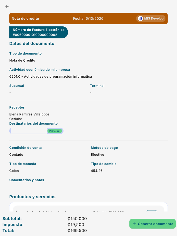 Formulario de la nota de crédito - Tablet