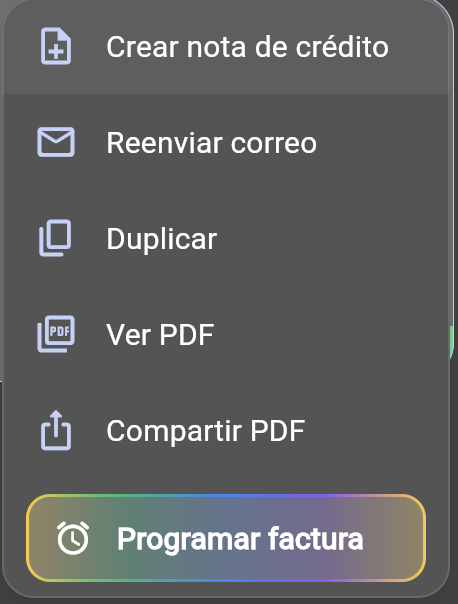 Menú del documento: Crear nota de crédito (tema oscuro)