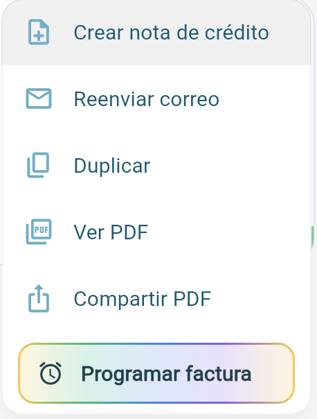 Menú del documento: Crear nota de crédito