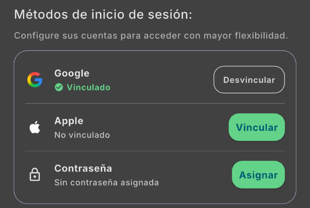 Métodos de inicio de sesión (tema oscuro)