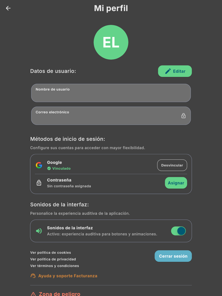 Perfil - Tablet (tema oscuro)