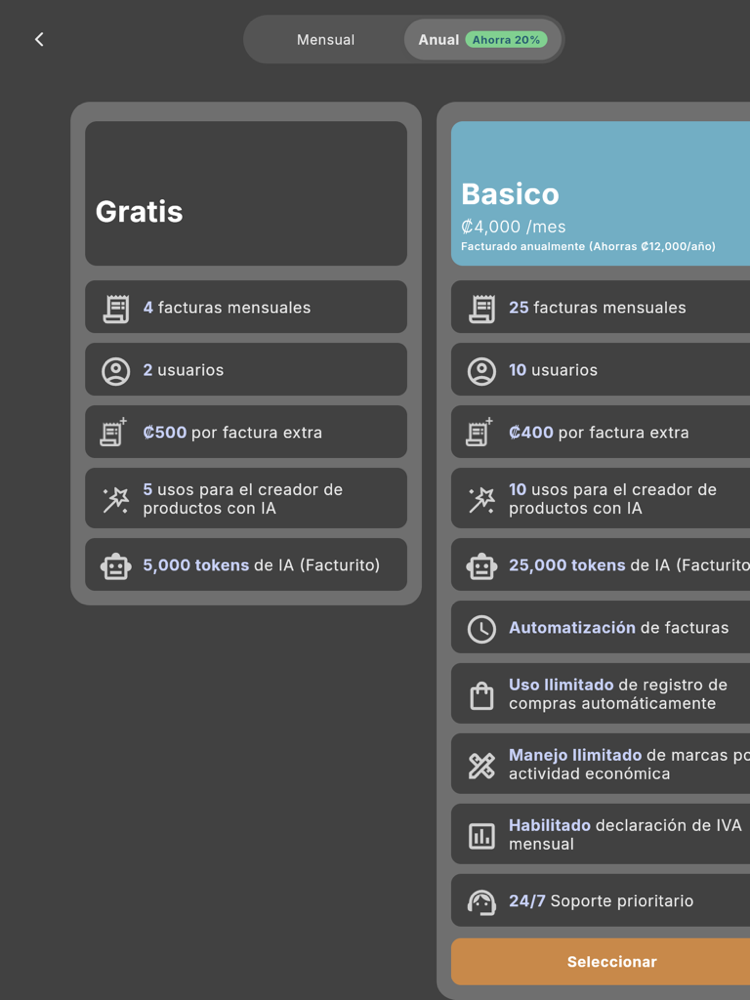 Planes de suscripción - Tablet (tema oscuro)