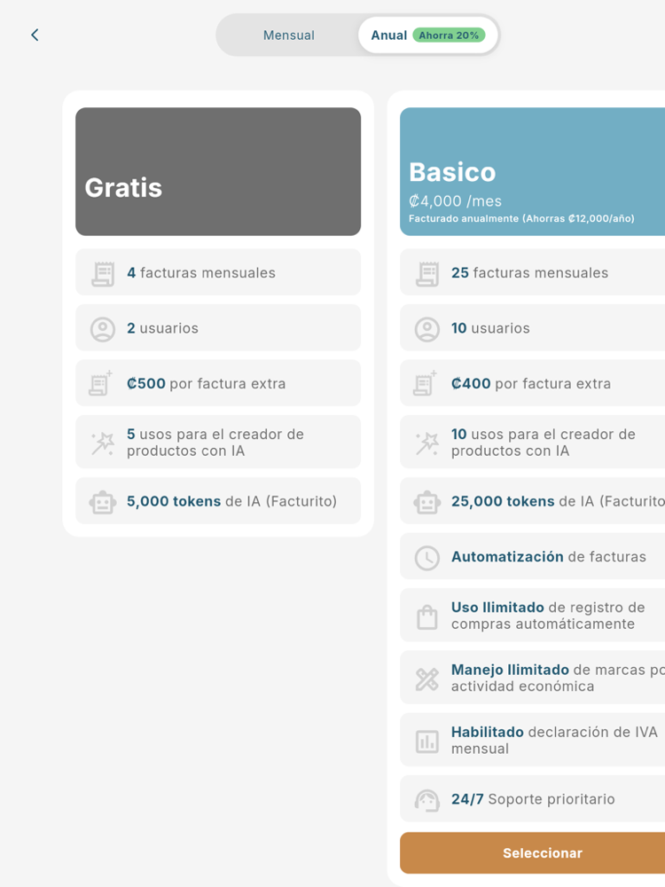 Planes de suscripción - Tablet