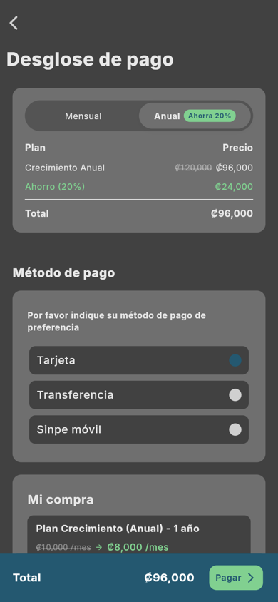 Desglose de pago del plan recomendado - Móvil (tema oscuro)