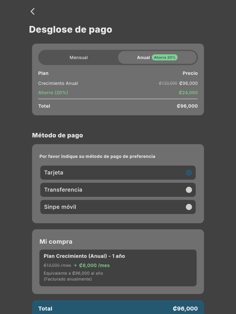 Desglose de pago del plan recomendado - Tablet (tema oscuro)