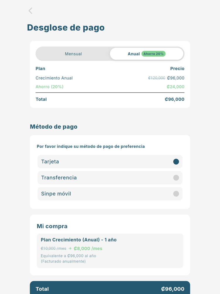 Desglose de pago del plan recomendado - Tablet